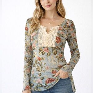 Denim & Supply Ralph Lauren Blue Floral Sheer Lace Embroidered Blouse Top Y2K S